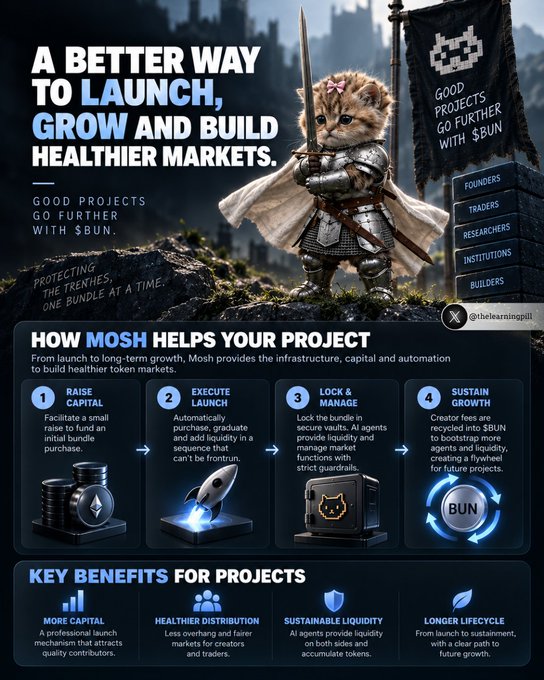 An infographic for the 'MOSH' project featuring a kitten dressed as a medieval knight holding a 'BUN' flag, detailing a four-step process (Raise Capital, Execute Launch, Lock & Manage, Sustain Growth) for building healthier token markets.