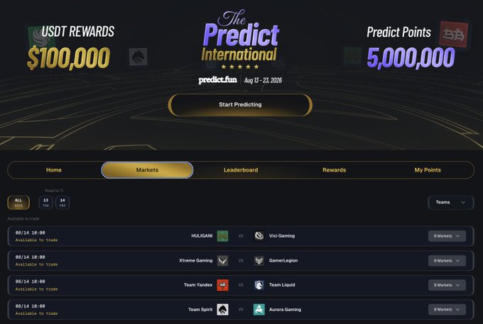 A promotional webpage for "The Predict International" running Aug 13-23, 2026, offering $100,000 USDT rewards and 5,000,000 Predict Points, with a markets tab listing esports matches like HULIGAN vs Vici Gaming.