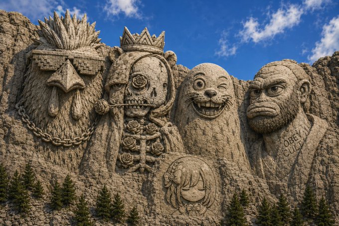 Large stone monument featuring carved faces of various meme characters including what appears to be a chicken, a king-like figure with roses, a smiling cat, a gorilla labeled 'OBEY CULTS', and an anime-style girl.