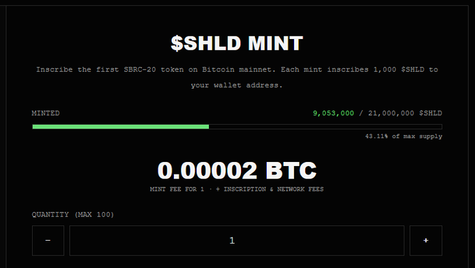 A webpage interface for '$HLD MINT' showing the inscription of the first SBRC-20 token on Bitcoin mainnet, with 9,053,000 / 21,000,000 minted (43.11% of max supply) at a fee of 0.00002 BTC.
