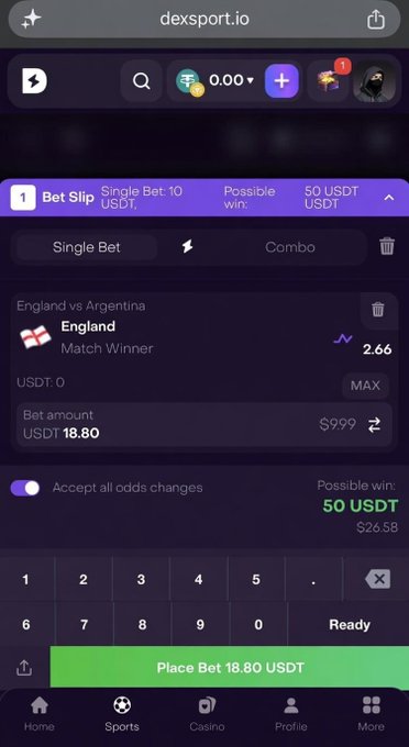 A sports betting screenshot on dexsport.io showing a bet slip for an England vs Argentina match with odds of 2.66, a 10 USDT single bet, a 18.80 USDT wager amount, and a possible 50 USDT win on the "Place Bet" button.