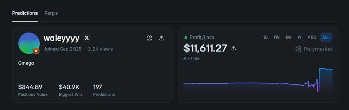 A screenshot of a Polymarket profile for user 'waleyyyy' (display name 'Gmega') showing an all-time profit of $11,611.27, positions value of $844.89, biggest win of $40.9K, and 197 predictions.