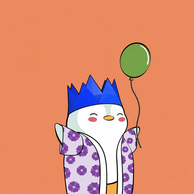 A cute cartoon character wearing a blue crown and a purple flower-patterned robe, holding a green balloon against an orange background.