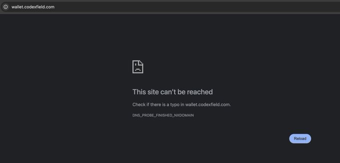 A Chrome browser error page displaying 'This site can't be reached' for wallet.codexfield.com, with a DNS_PROBE_FINISHED_NXDOMAIN error message and a Reload button.