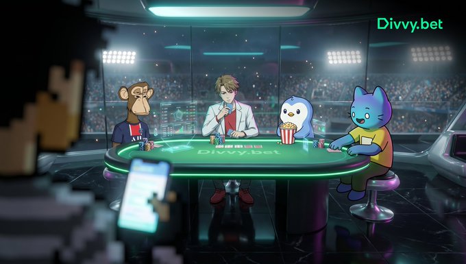 An animated illustration of NFT characters (a Bored Ape, a human, a Pudgy Penguin, and a blue cat) playing poker at a green felt table branded with 'Divvy.bet', set in a stadium arena.