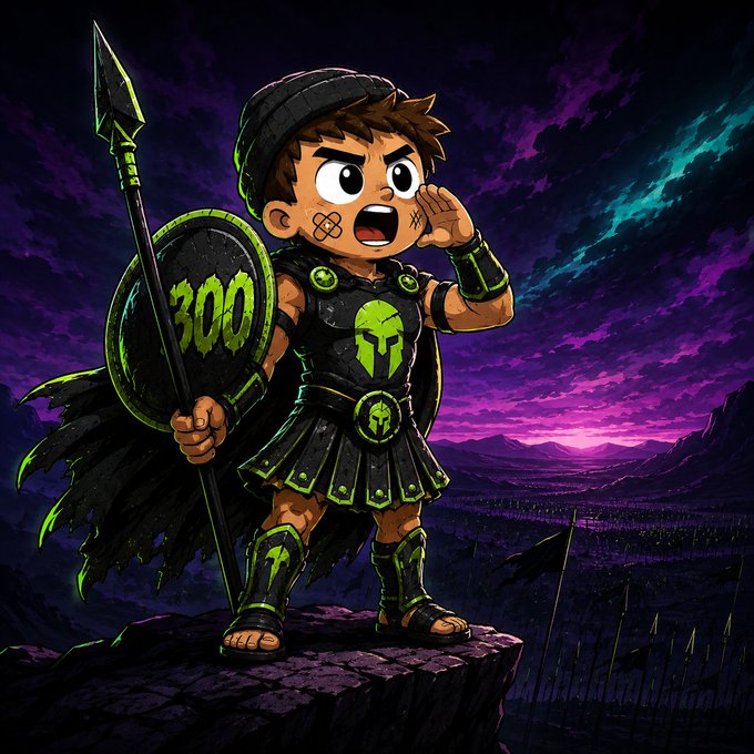 A chibi Spartan warrior with "300" emblazoned on his shield stands atop a cliff shouting a battle cry, rallying troops below against a purple twilight sky. The image visually reinforces the post's call to action, using the "300" reference to symbolize the community goal of gathering 300 supporters for the Solana memecoin launch.