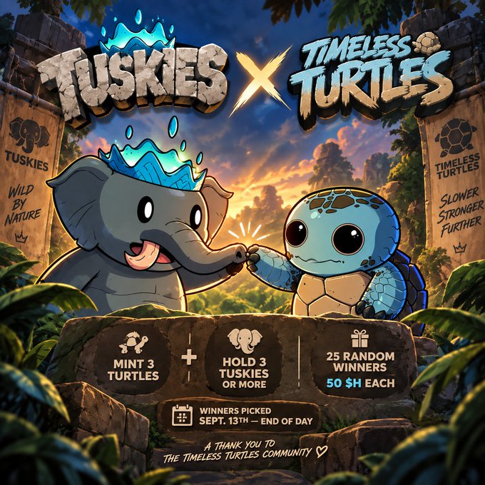 Promotional graphic featuring cartoon mascots of an elephant and turtle under 'TUSKIES X TIMELESS TURTLES' banners, advertising an NFT mint event: 'MINT 3 TURTLES + HOLD 3 TUSKIES OR MORE' for a chance to win '25 RANDOM WINNERS 0.5 SH EACH', with winners picked 'SEPT. 13TH - END OF DAY'.