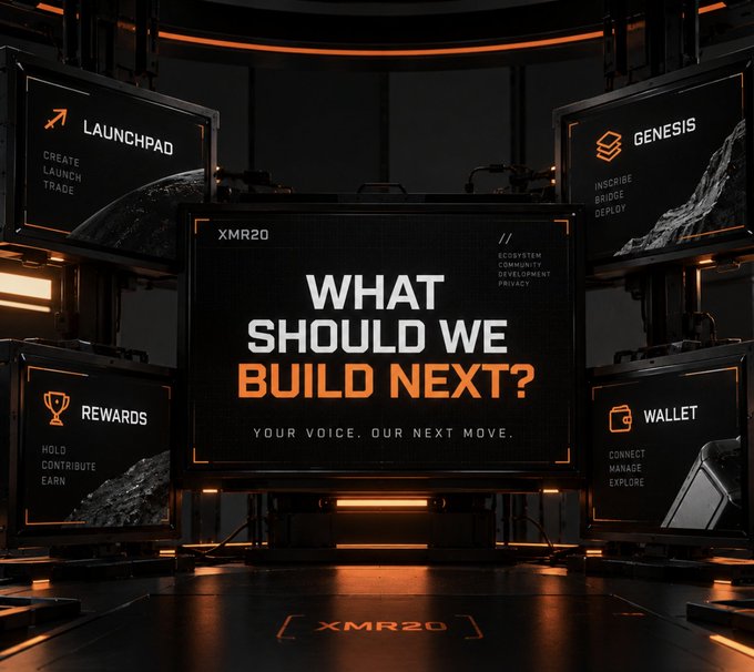 A futuristic dashboard displays 'WHAT SHOULD WE BUILD NEXT?' with the XMR20 ticker and options like LAUNCHPAD, GENESIS, REWARDS, and WALLET.