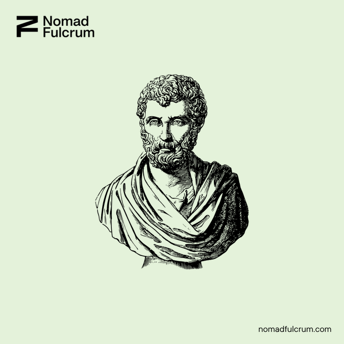 A black and white line drawing of a bearded classical bust wearing draped robes, with 'Nomad Fulcrum' logo in the top left and 'nomadfulcrum.com' in the bottom right corner on a light green background.