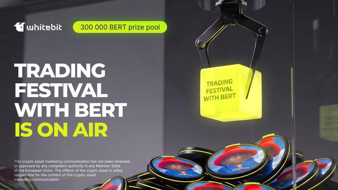 A WhiteBit promotional graphic for the "Trading Festival with BERT" featuring a glowing yellow cube being grasped by a mechanical claw, with a "300 000 BERT prize pool" banner at the top and branded BERT tokens displayed below.