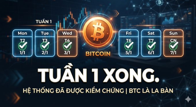 A promotional graphic with the text 'TUẦN 1 XONG. HỆ THỐNG ĐÃ ĐƯỢC KIỂM CHỨNG | BTC LÀ LÀ BẢN' showing a Bitcoin logo surrounded by checkmarks for each day of the week.