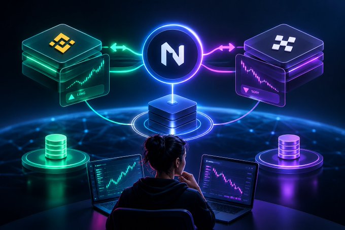 A digital illustration depicts a person from behind looking at two trading monitors, with a glowing central hub labeled "N" connected to Binance and other cryptocurrency exchange platforms displaying candlestick charts.
