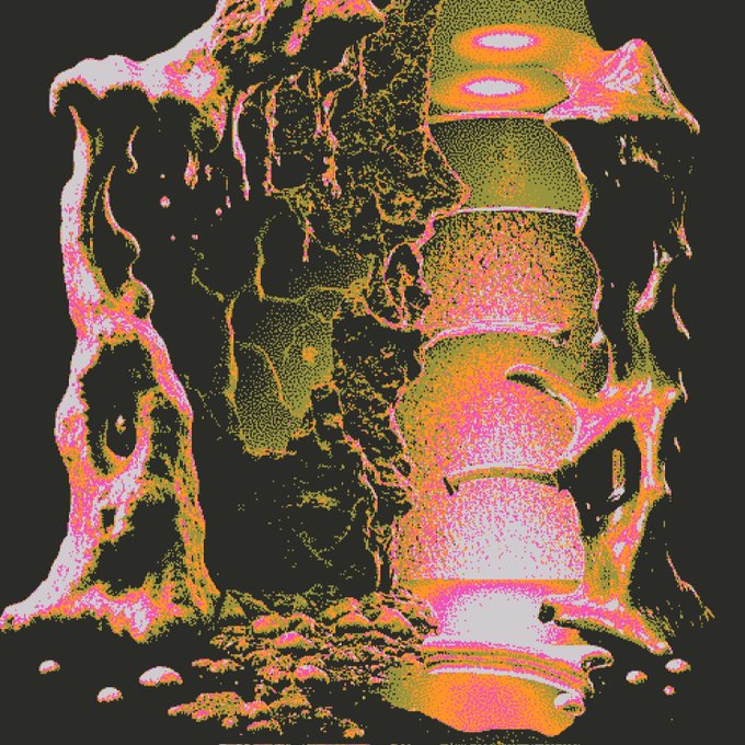 A glitch-art style digital illustration featuring a distorted, high-contrast image with pink, yellow, and black colors, depicting what appears to be a face or figure with melting, dripping visual effects.