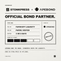 An official bond document from Stonkpress x Apebond featuring a partnership certificate with various signatures and details.
