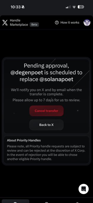 X Handle Marketplace screenshot showing a pending approval notification that @degenpoet is scheduled to replace @solanapoet, with options to cancel transfer or return to X.