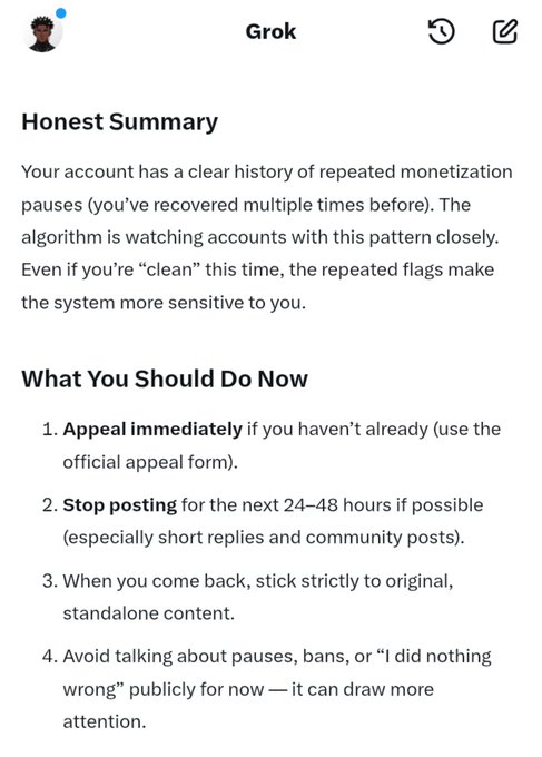 A Grok AI response displays an "Honest Summary" warning about repeated monetization pauses and lists actions including appealing immediately, stopping posts for 24–48 hours, and returning with original content. This aligns with the post's "48hrs then" caption, indicating the user plans to take the recommended break before resuming activity.