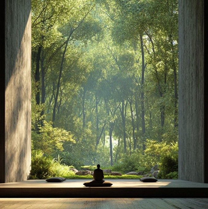 A person sits in meditation on cushions within a minimalist wooden room, framed by large open doors that reveal a lush, sunlit green forest outside.