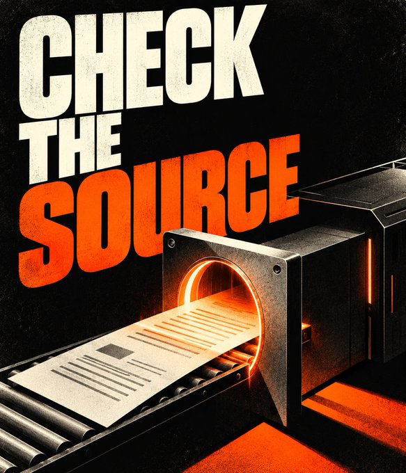 A retro-style poster reading 'CHECK THE SOURCE' in large orange and white text, depicting a document coming out of a glowing industrial scanner on a conveyor belt.