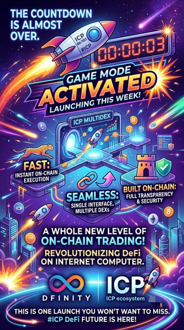 Promotional graphic featuring a rocket and countdown timer with text 'THE COUNTDOWN IS ALMOST OVER. GAME MODE ACTIVATED - LAUNCHING THIS WEEK!' and 'ICP MULTIDEX' branding, advertising 'A WHOLE NEW LEVEL OF ON-CHAIN TRADING' with DFINITY ICP logos.
