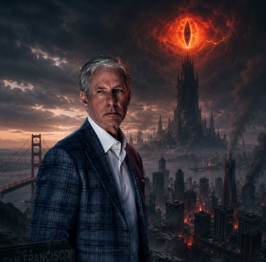 A distinguished older man in a checkered blazer stands before a dystopian San Francisco skyline, where a fiery, eye-like vortex looms ominously over a dark, gothic tower amid smoke and ruin—visually framing Ripple Chairman Chris Larsen as a figure tied to an Orwellian surveillance nightmare. The text "SAN FRANCISCO" is faintly visible in the lower left. The image dramatizes the post's concern about Larsen's funding of 400 Flock cameras, casting his philanthropic gesture as a step toward dystopian overreach.