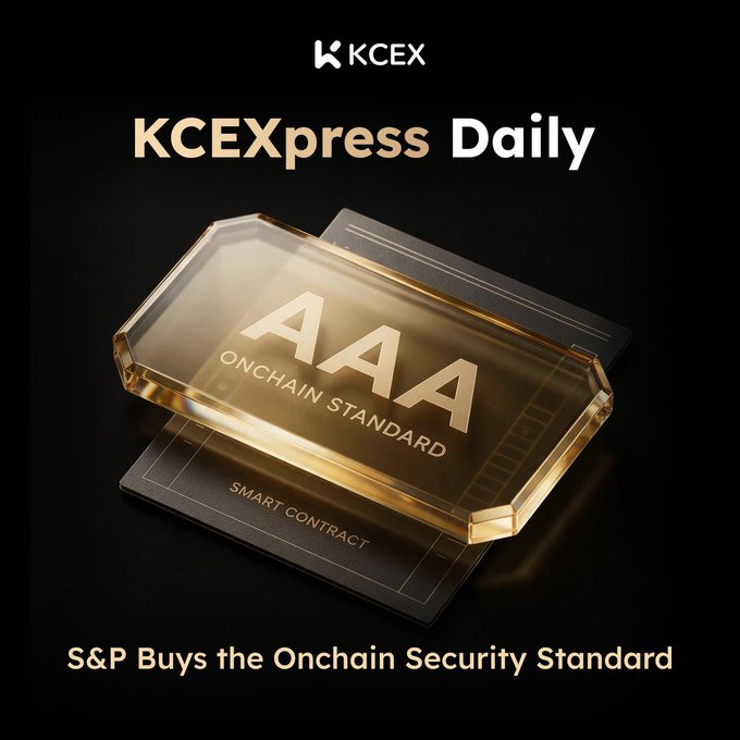 A KCEXpress Daily promotional graphic featuring a golden 'AAA Onchain Standard Smart Contract' badge with the headline 'S&P Buys the Onchain Security Standard.'
