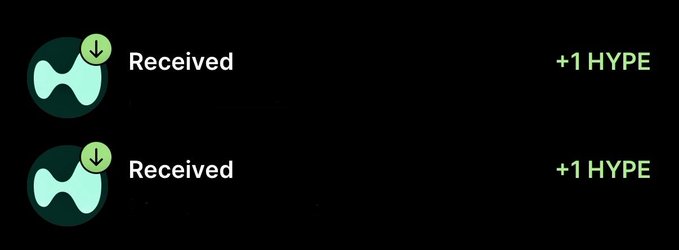 Two notification entries showing received transactions with HYPE token logos, each awarding +1 HYPE.
