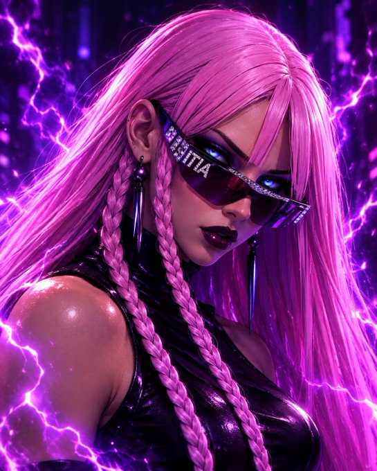 Digital artwork of a pink-haired woman with braided hair wearing sunglasses and a dark outfit, surrounded by glowing purple lightning effects.
