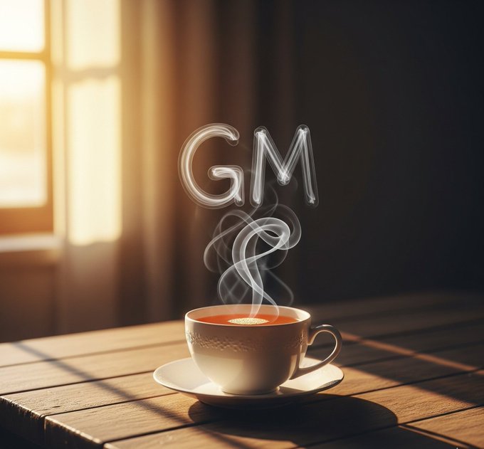 A steaming cup of tea on a wooden table with sunlight streaming through a window, while the letters 'GM' float in the air as wisps of steam shaped into text.