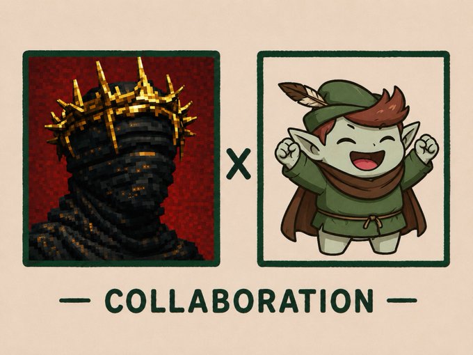 A collaboration graphic showing two pixel-art style characters—a dark figure with a golden crown and a green elf-like character with pointed ears—separated by an 'x' above the word 'COLLABORATION'.