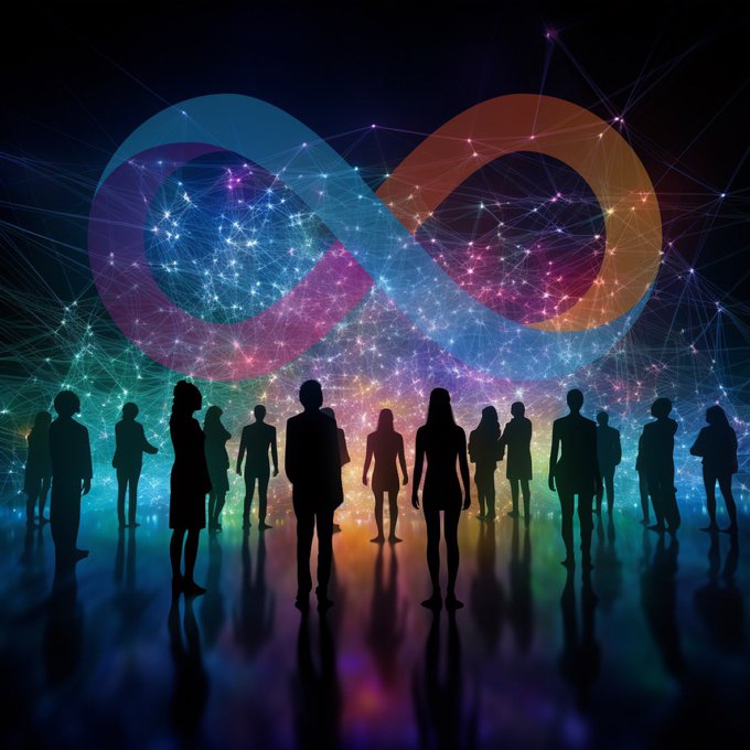 Silhouettes of diverse people stand beneath a glowing, colorful infinity symbol made of connected network nodes, representing continuity and connection.