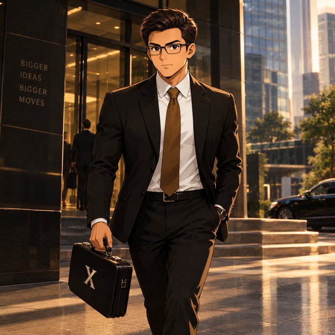 An anime-style illustration depicts a man in a black suit with a gold tie and glasses carrying a black briefcase with a white "X" on it, walking past a building displaying the text "BIGGER IDEAS BIGGER MOVES."