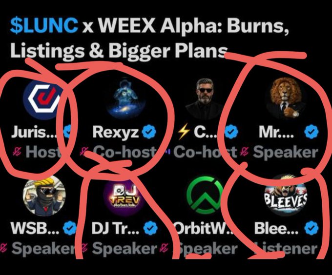 A promotional graphic for a '$LUNC x WEEE Alpha' event listing hosts and speakers including Juris, Rexyz, C..., Mr...., WSB..., DJ Tr..., OrbitW..., and Blee..., with several names circled in red.
