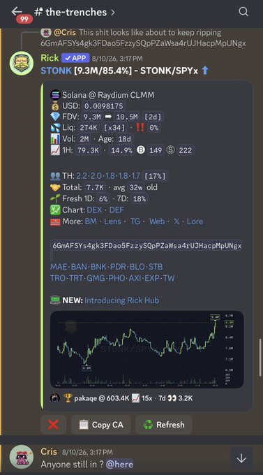 The image shows a Discord post in #the-trenches channel highlighting a Solana token called "STONK" at $0.0098175 with a 9.3M market cap and 85.4% gains, featuring Raydium CLMM details and a bullish candlestick chart. This aligns with the accompanying post about identifying early opportunities, as the user is showcasing STONK as a successful "40x+ opportunity from first scan" to counter claims that it's "too late."