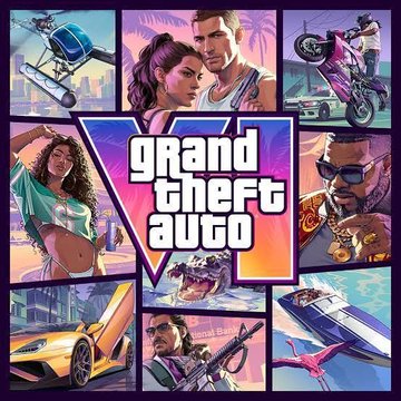 The image is the official cover art for Grand Theft Auto VI, featuring the iconic "Grand Theft Auto VI" logo prominently in the center, surrounded by vibrant character portraits—including a woman with dark hair and a man in a tank top—and action scenes of cars, motorcycles, helicopters, and boats in a tropical Vice City setting. The artwork connects to the post by symbolizing the immense hype surrounding GTA 6, which coincides with Take-Two Interactive ($TTWO) tokenizing its stock on Solana to provide investors with blockchain-based, around-the-clock trading access.