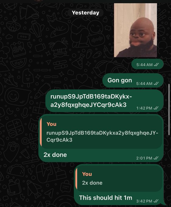 A messaging app screenshot showing an exchange of crypto addresses (runupS9JpTdB169taDKykx-a2y8fqxghqeJYCqr9cAk3) with messages saying "2x done" and "This should hit 1m".