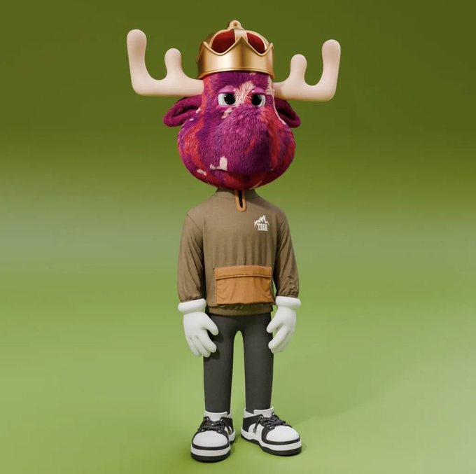 A 3D-rendered character featuring a fuzzy purple head with moose antlers and a gold crown, wearing a brown jacket, white gloves, black pants, and black and white sneakers against a green background.
