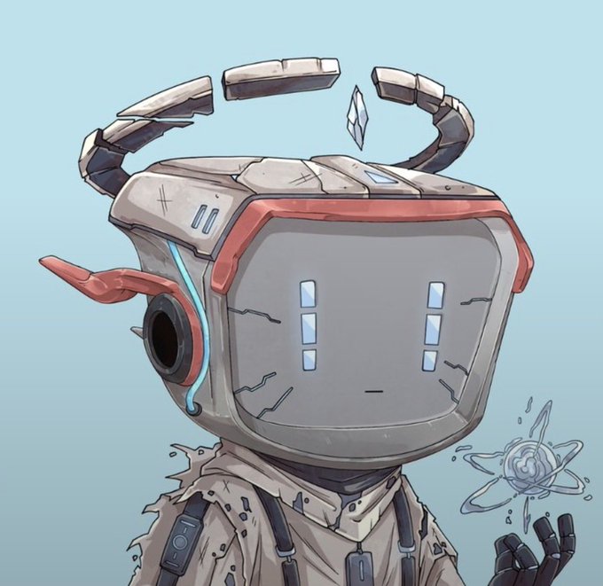 An illustration of a robot character with a monitor for a face displaying simple pixel eyes, wearing a tattered hoodie and holding a glowing blue flower-like object.