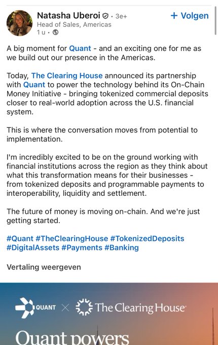 A LinkedIn post by Natasha Uberoi, Head of Sales Americas at Quant, celebrating The Clearing House's partnership with Quant to power the technology behind its On-Chain Money Initiative for tokenized commercial deposits across the U.S. financial system, with hashtags #Quant #TheClearingHouse #TokenizedDeposits #DigitalAssets #Payments #Banking.