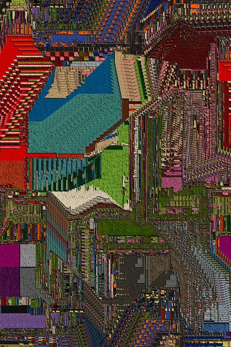 A vibrant, abstract digital artwork composed of dense, pixelated, and striped geometric patterns in a wide array of colors.