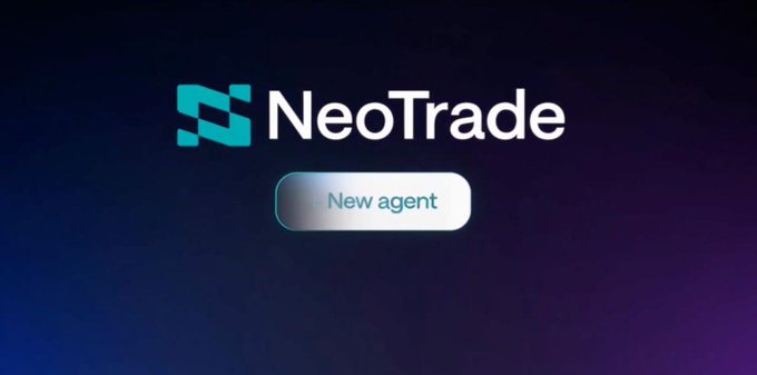 Logo screen for NeoTrade with a 'New agent' button against a dark blue and purple gradient background.
