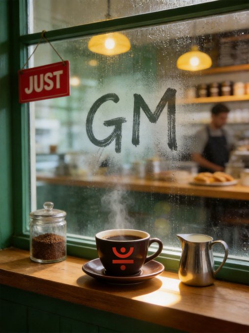 A cozy cafe scene featuring a steaming cup of coffee with a red logo, a jar of coffee beans, and a small metal pitcher on a wooden windowsill, with 'GM' written in the foggy window and a 'JUST' sign hanging nearby.
