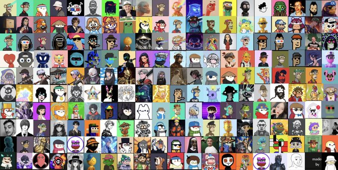 A dense grid collage of numerous small square pixel art avatars or NFT characters, with a 'made by' watermark in the bottom right corner.