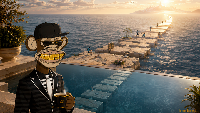 A cartoon Bored Ape in a sharp suit and gold-rimmed shades sips espresso by an infinity pool overlooking a sunlit ocean path, with the watermark "born bored" in the corner—mirroring the post's relaxed, victorious "glass overflowing" Friday morning vibe in Web3.