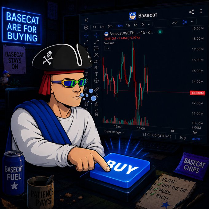 A digital illustration shows a cartoon pirate wearing sunglasses pressing a glowing blue 'BUY' button, with a screen displaying a 'Basecat' cryptocurrency chart showing the BASECAT/WETH pair down -9.97% to 13.010M.