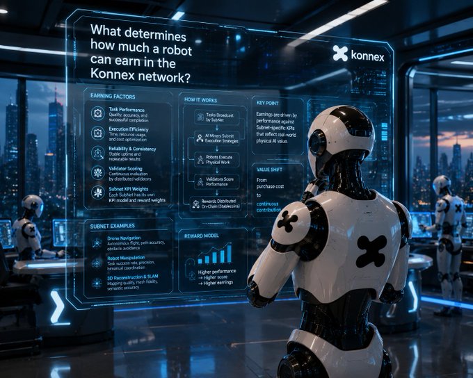 A futuristic scene shows a white humanoid robot with a black X logo on its back viewing a holographic display titled "What determines how much a robot can earn in the Konnex network?" which lists factors like Task Performance, Execution Efficiency, and Reliability & Consistency alongside other robots in a cityscape environment.
