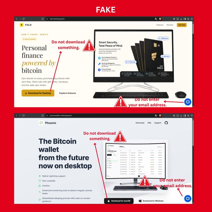 A warning image labeled 'FAKE' showing two website screenshots (foldapp.live and phoenixwallet-desktopapp.live) with red warning signs instructing users 'Do not download something.' and 'Do not enter your email address.'.