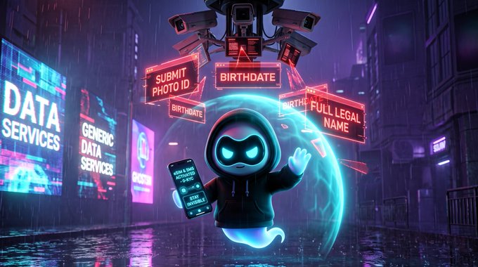 A digital illustration of a hooded ghost-like character with glowing blue eyes holding a smartphone in a cyberpunk cityscape, with surveillance cameras overhead and neon signs reading "SUBMIT PHOTO ID", "BIRTHDATE", and "FULL LEGAL NAME".