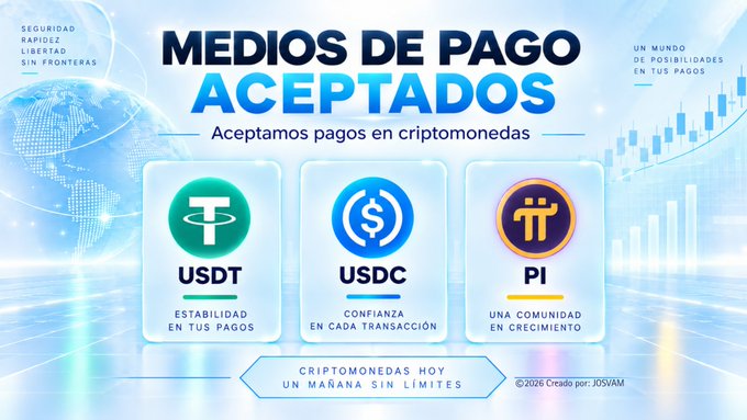 The image is a promotional banner titled "MEDIOS DE PAGO ACEPTADOS" (Accepted Payment Methods) by VamTeach, highlighting that they accept cryptocurrency payments in USDT (stability in your payments), USDC (confidence in every transaction), and PI (a growing community). It features a sleek blue design with a globe, financial charts, and a tagline at the bottom reading "CRIPTOTRANSACCIONES HOY, UN MAÑANA SIN LÍMITES" (Crypto transactions today, a limitless tomorrow), reinforcing the post's message about expanding payment options through the Pi Network ecosystem.