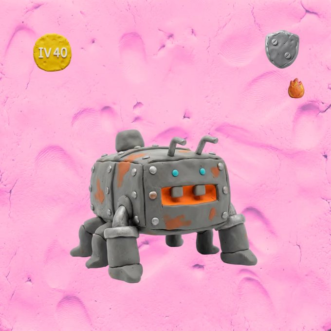 A 3D-rendered claymation-style gray robotic creature with orange accents and blue eyes stands on a pink textured background, with a yellow 'IV40' token in the upper left.
