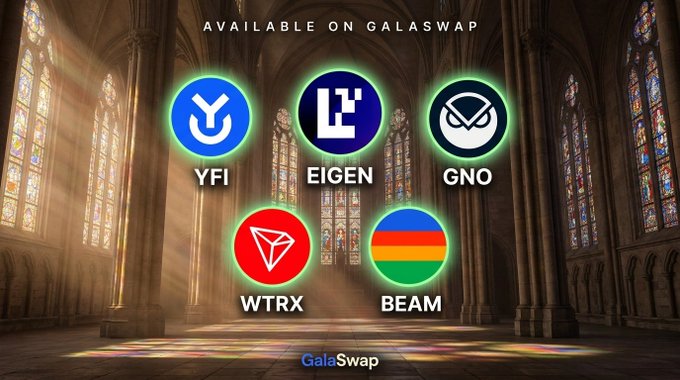 A promotional graphic set against a cathedral interior with stained glass windows displays five cryptocurrency token icons—YFI, EIGEN, GNO, WTRX, and BEAM—under the heading "AVAILABLE ON GALASWAP," visually highlighting the new trading options mentioned in the post for expanding digital asset access on the GalaSwap platform.